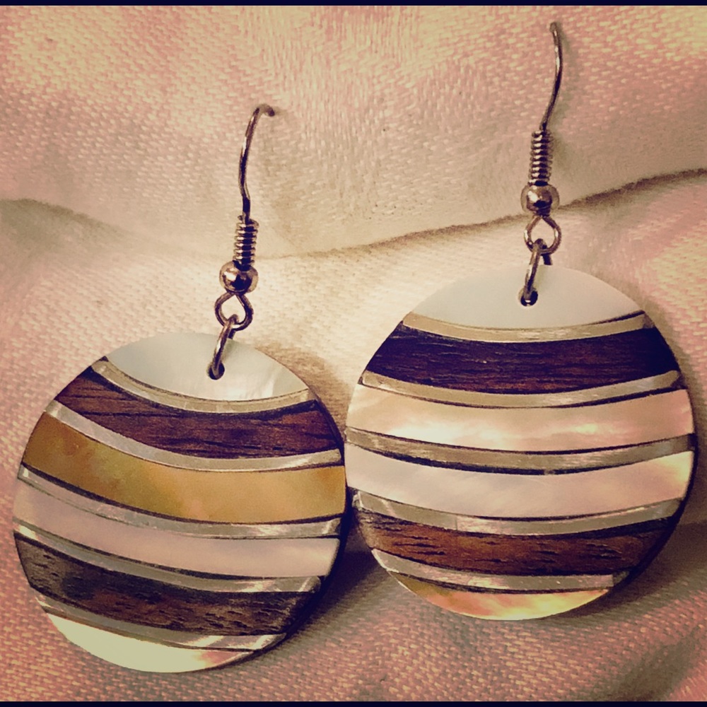 Wood and Abalone drop earrings.